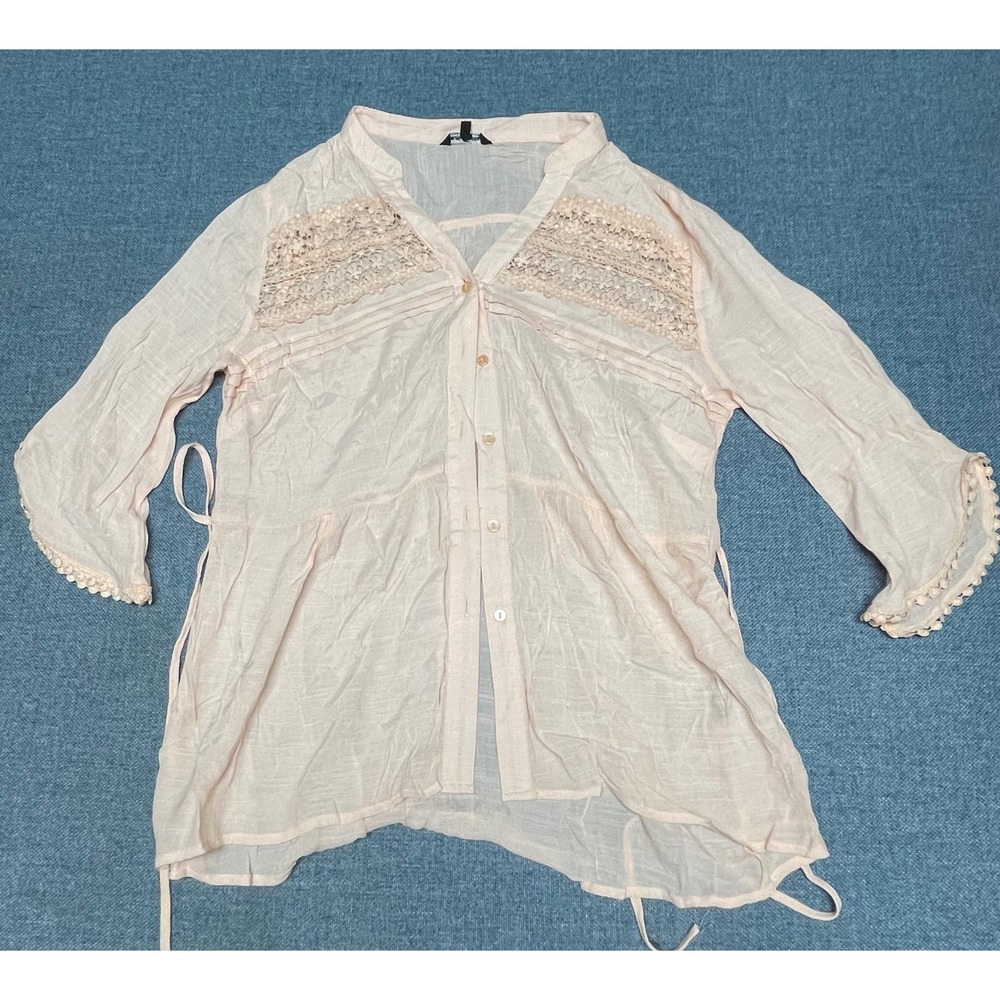 Unique Spectrum Pink Lace Crochet Trim Button Up Blouse XL Boho Pom Pom Sleeve